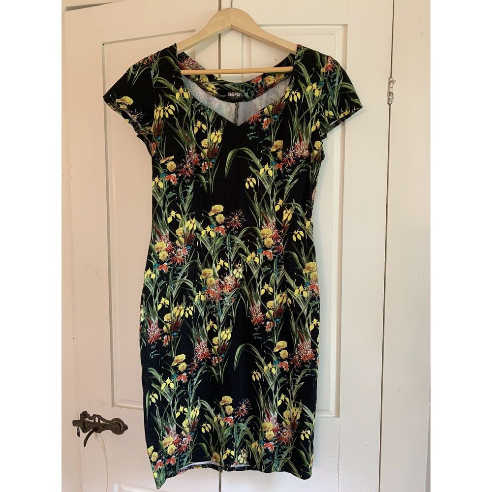 Aerin Black Floral Midi Dress with Yellow & Green Accents